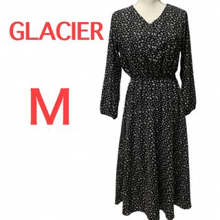 【美品】GLACIER☆花柄ミモレ丈ワンピース☆前ボタン☆ウエストゴム☆黒＆白(ロングワンピース/マキシワンピース)