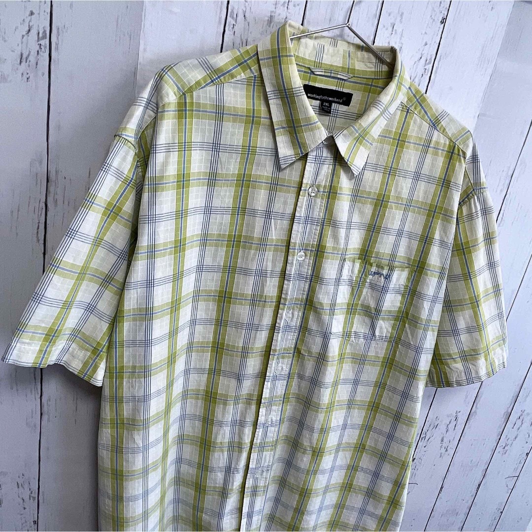 shirts(シャツ)のUSA古着　半袖シャツ　XXLサイズ　チェック柄　ライトグリーン　黄緑　ホワイト メンズのトップス(シャツ)の商品写真