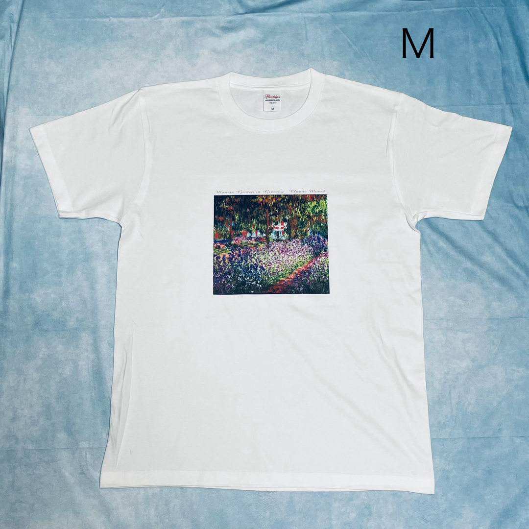 モネ　アイリス（モネ庭のアヤメ）綿Tシャツ　Mサイズ　白　SMLサイズ有り メンズのトップス(Tシャツ/カットソー(半袖/袖なし))の商品写真