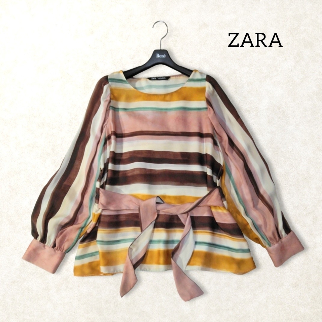 ZARA(ザラ)のザラ ✿ マルチボーダー 長袖 ブラウス トップス L ベルト くすみカラー レディースのトップス(シャツ/ブラウス(長袖/七分))の商品写真