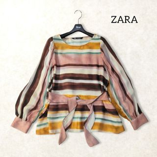 ザラ(ZARA)のザラ ✿ マルチボーダー 長袖 ブラウス トップス L ベルト くすみカラー(シャツ/ブラウス(長袖/七分))