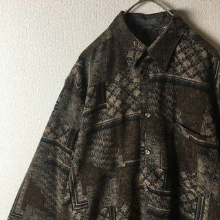 D2 ボタニカル柄　長袖　デザインシャツ　渋カラー　Mメンズ　パターン柄　古着(Tシャツ/カットソー(七分/長袖))