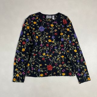 ヴィンテージ　カットソー　総刺&#32353;　花柄　インド製　上質　黒(カットソー(長袖/七分))