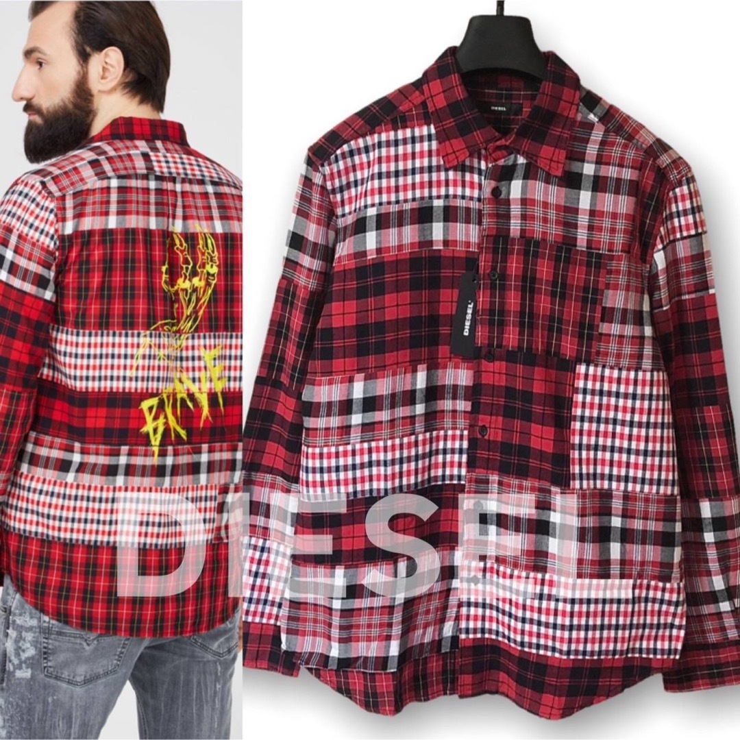 DIESEL(ディーゼル)の新品 DIESEL ディーゼル バックプリント チェック柄 長袖 シャツ 赤 M メンズのトップス(シャツ)の商品写真