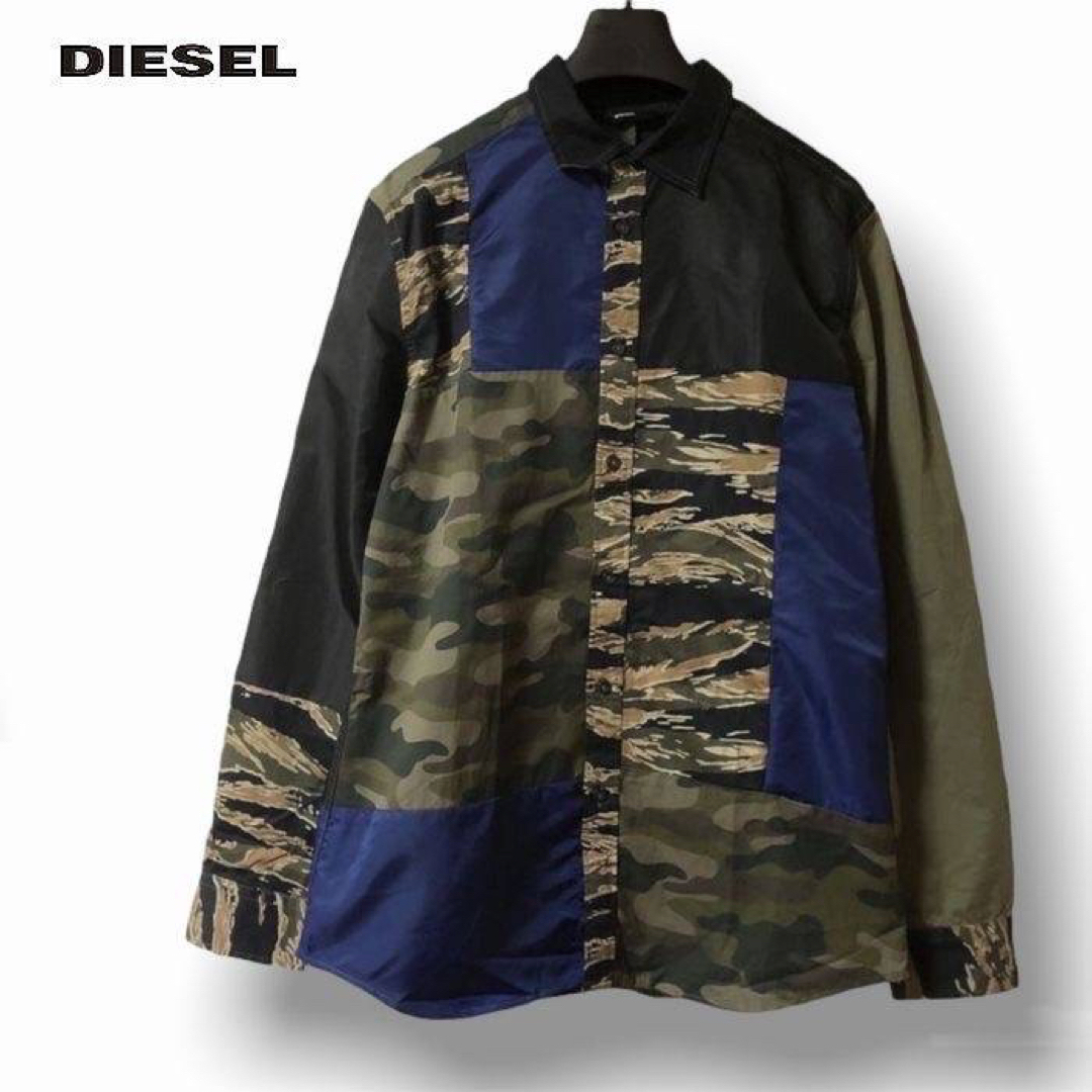 DIESEL(ディーゼル)の新品 DIESEL ディーゼル パッチワーク 迷彩柄×カモ柄 長袖 シャツ L メンズのトップス(シャツ)の商品写真