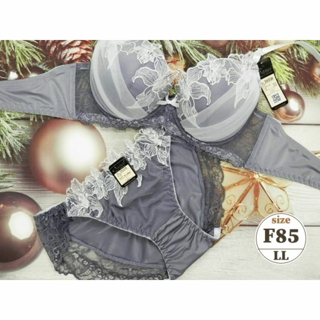 c183 F85/LL ブラ＆ショーツセット 下着 灰紫 百合刺繍 ハーフレース レディースの下着/アンダーウェア(ブラ&ショーツセット)の商品写真