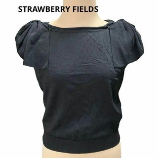 ストロベリーフィールズ(STRAWBERRY-FIELDS)のSTRAWBERRY FIELDS トップス　肩リボン ブラック　黒　カットソー(Tシャツ(半袖/袖なし))