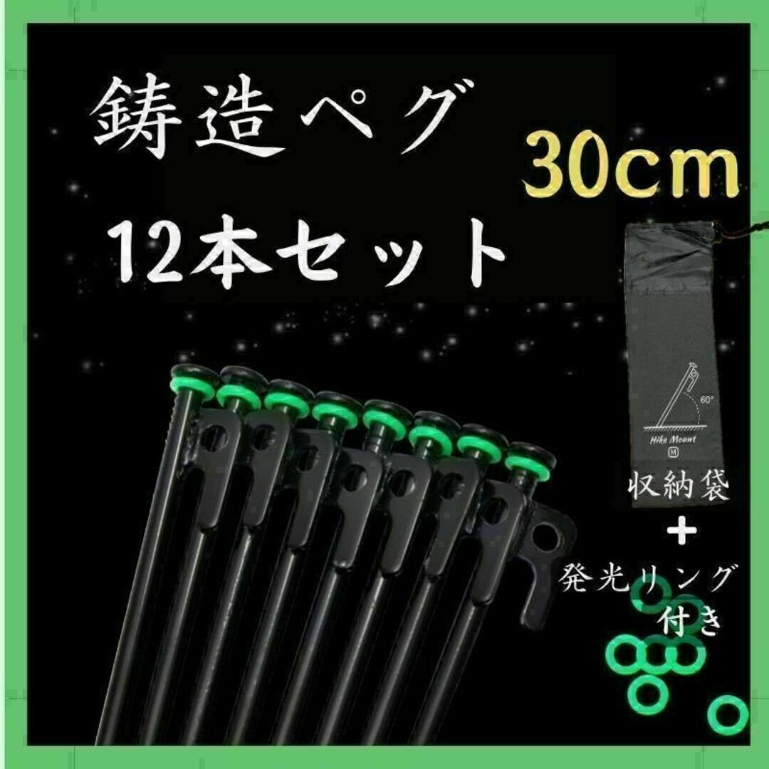 鋳造ペグ　30cm 12本　収納袋 蓄光リング付　スチール　テント　タープ　ペグ スポーツ/アウトドアのアウトドア(テント/タープ)の商品写真