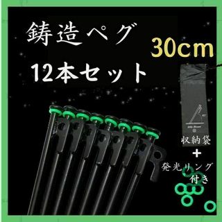 鋳造ペグ　30cm 12本　収納袋 蓄光リング付　スチール　テント　タープ　ペグ