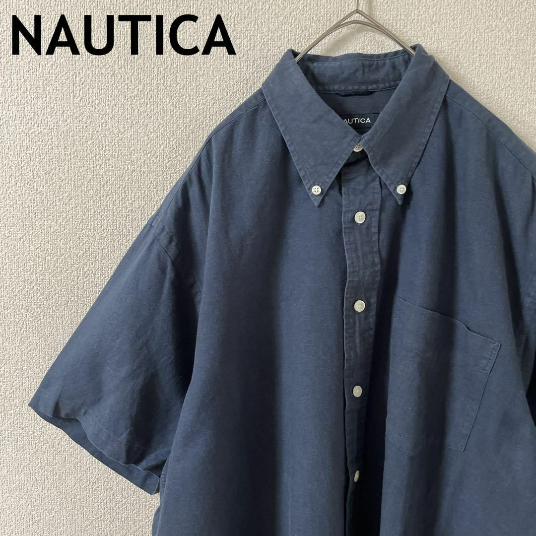 NAUTICA(ノーティカ)のL3 nautica 無地シャツ　半袖　リネンシャツ　麻素材　大きめＬメンズ 紺 メンズのトップス(Tシャツ/カットソー(半袖/袖なし))の商品写真