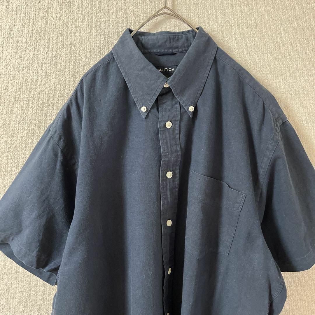 NAUTICA(ノーティカ)のL3 nautica 無地シャツ　半袖　リネンシャツ　麻素材　大きめＬメンズ 紺 メンズのトップス(Tシャツ/カットソー(半袖/袖なし))の商品写真