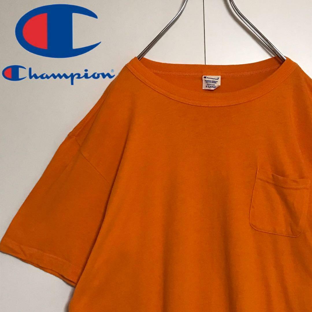 Champion(チャンピオン)の【美品】チャンピオン　袖ロゴ入りTシャツ　オレンジ　シンプル　ゆるだぼH820 メンズのトップス(Tシャツ/カットソー(半袖/袖なし))の商品写真