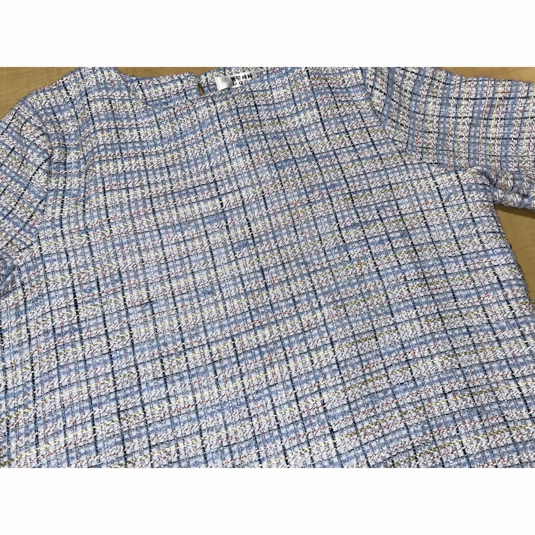 レディース　トップス　半袖　チェック　韓国　ブルー　水色　青　ラメ　ツイード メンズのトップス(Tシャツ/カットソー(半袖/袖なし))の商品写真