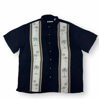 ヴィンテージ(VINTAGE)の90s 古着 アロハシャツ キューバシャツ ツートン ヤシの木 ブラック(Tシャツ/カットソー(半袖/袖なし))