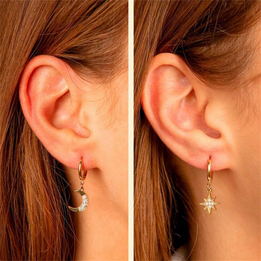 フープピアス 月と星 316Lステンレス ゴールド　23-16 メンズのアクセサリー(ピアス(両耳用))の商品写真