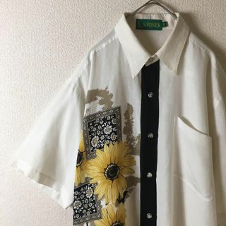 F1 花柄デザインシャツ　麻、綿素材？　半袖柄シャツ　Mメンズ ゆったり(Tシャツ/カットソー(半袖/袖なし))