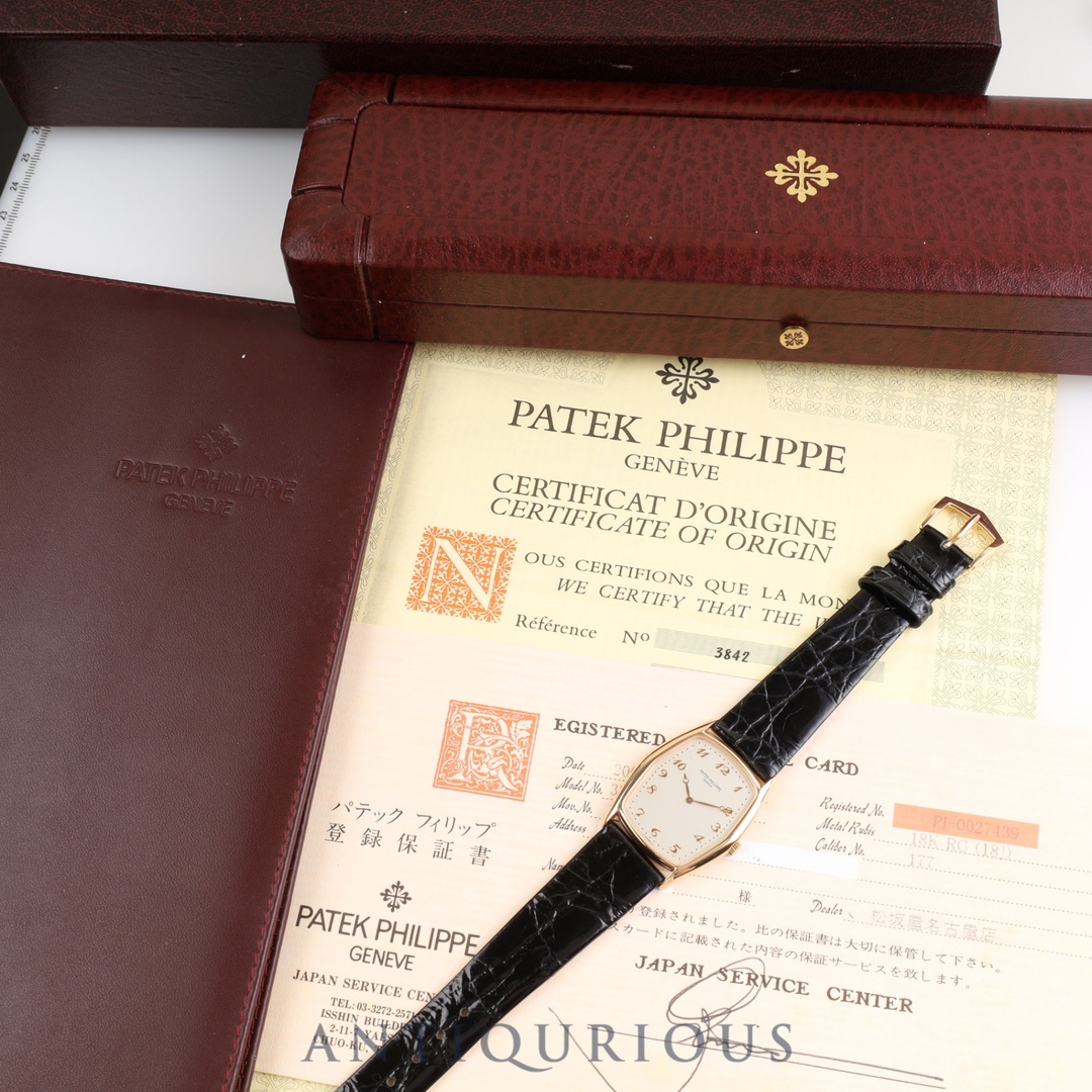 PATEK PHILIPPE(パテックフィリップ)のPATEK・PHILIPPE パテック・フィリップ GONDOLO ゴンドーロ 3842 手巻き Cal.177 PG 革 純正尾錠（750）シルバー文字盤 箱 ケース 保証書（2000年） メンズの時計(腕時計(アナログ))の商品写真