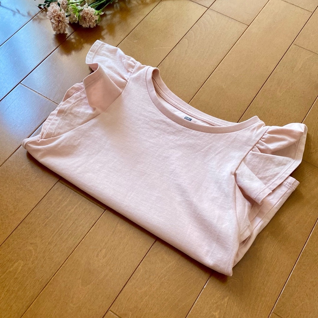 UNIQLO(ユニクロ)の★ UNIQLO ★ GIRLS スムースコットンフリルTシャツ 半袖 ピンク キッズ/ベビー/マタニティのキッズ服女の子用(90cm~)(Tシャツ/カットソー)の商品写真