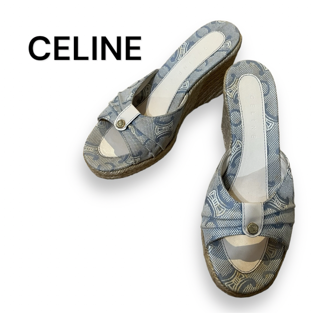 celine(セリーヌ)のCELINE セリーヌ ウエッジソール サンダル ライトブルー ホワイト ３６ レディースの靴/シューズ(サンダル)の商品写真