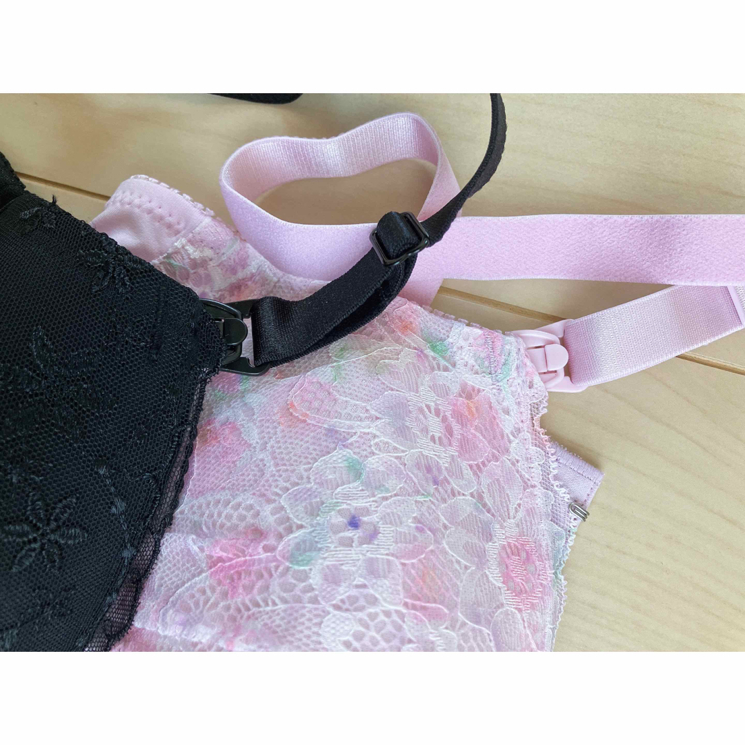 マタニティブラジャー　授乳ブラジャー　産前産後　上下セット　ピンク　黒　M レディースの下着/アンダーウェア(ブラ&ショーツセット)の商品写真