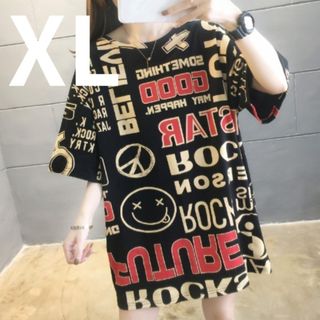 【SALE】ロゴTシャツ 半袖 オーバーサイズ XL 黒 韓国 女子(Tシャツ(半袖/袖なし))