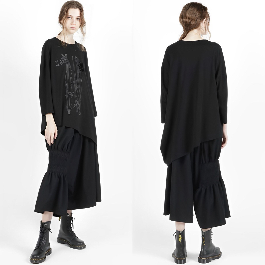 Y's(ワイズ)のY's ワイズ FLOCKY PRINT SIDE DRAPE T 黒2 レディースのトップス(カットソー(長袖/七分))の商品写真