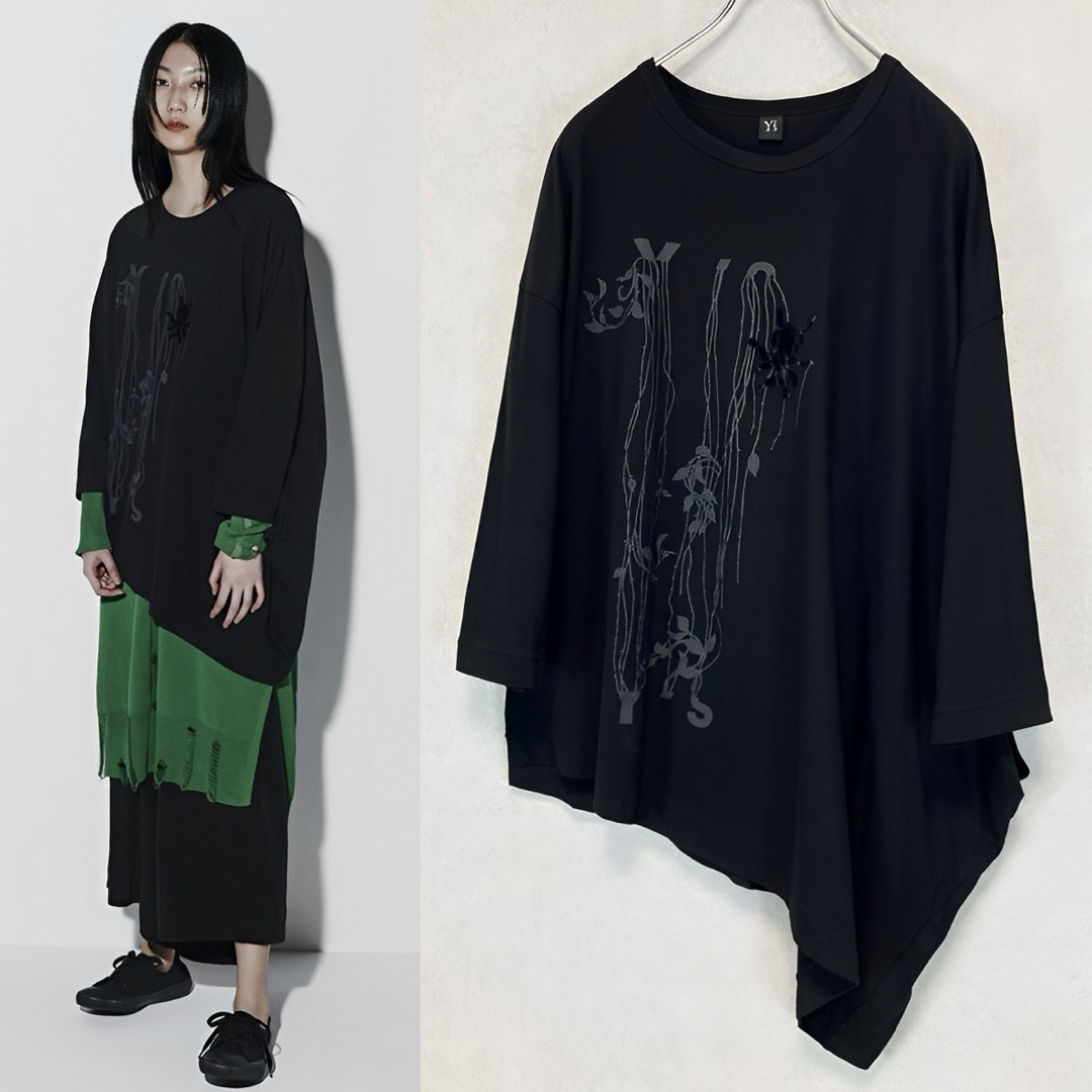 Y's(ワイズ)のY's ワイズ FLOCKY PRINT SIDE DRAPE T 黒2 レディースのトップス(カットソー(長袖/七分))の商品写真