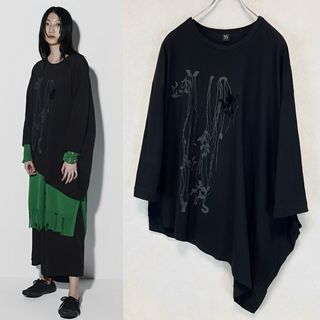 ワイズ(Y's)のY's ワイズ FLOCKY PRINT SIDE DRAPE T 黒2(カットソー(長袖/七分))