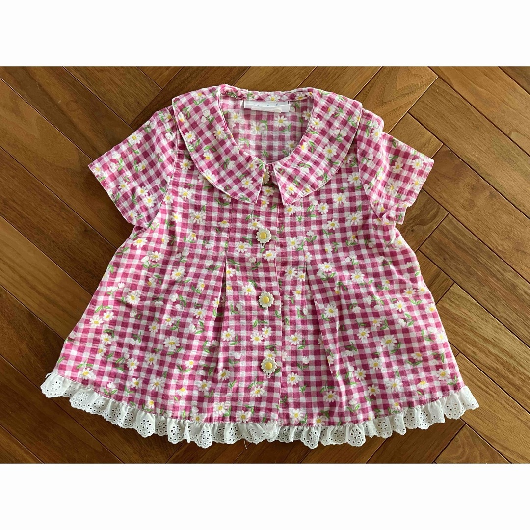 ピンクギンガム×花柄セットアップ　3T キッズ/ベビー/マタニティのキッズ服女の子用(90cm~)(ブラウス)の商品写真