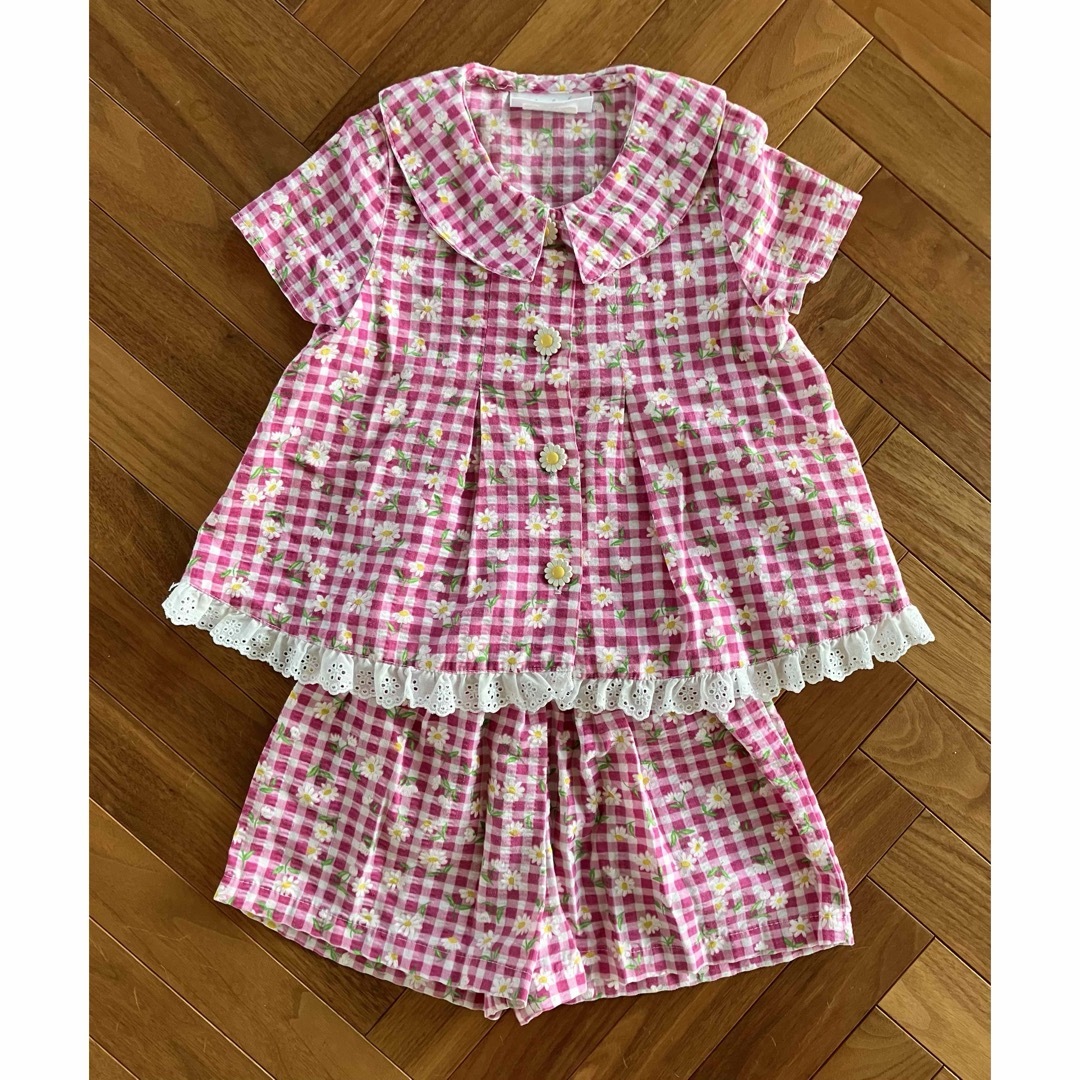 ピンクギンガム×花柄セットアップ　3T キッズ/ベビー/マタニティのキッズ服女の子用(90cm~)(ブラウス)の商品写真