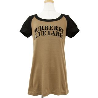 バーバリーブルーレーベル(BURBERRY BLUE LABEL)のBURBERRY BLUE LABEL バーバリー ブルーレーベル カットソー Tシャツ プルオーバー ブラウン ブラック 黒 38(M) ボートネック ラグランスリーブ パフスリーブ 半袖 ロゴ フロッキー プリント バイカラー コットン 綿 トップス 日本製【レディース】【中古】(Tシャツ(半袖/袖なし))