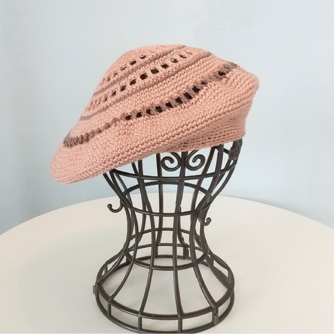 サマーニットベレー-ミルクティー ハンドメイドのファッション小物(帽子)の商品写真