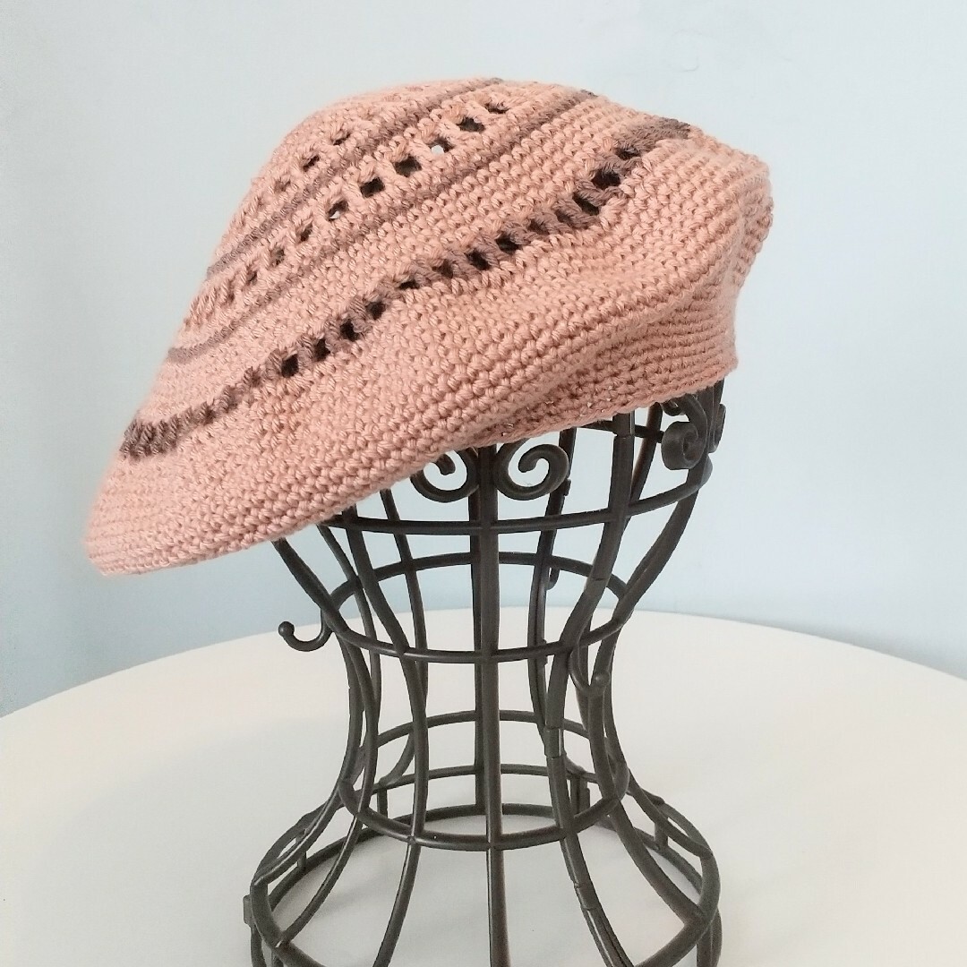 サマーニットベレー-ミルクティー ハンドメイドのファッション小物(帽子)の商品写真