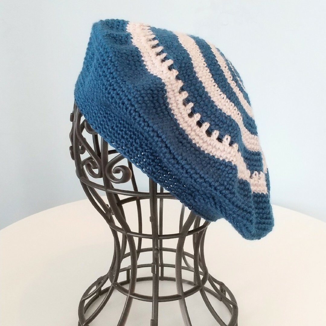 サマーニットベレー-ブルーグレー ハンドメイドのファッション小物(帽子)の商品写真