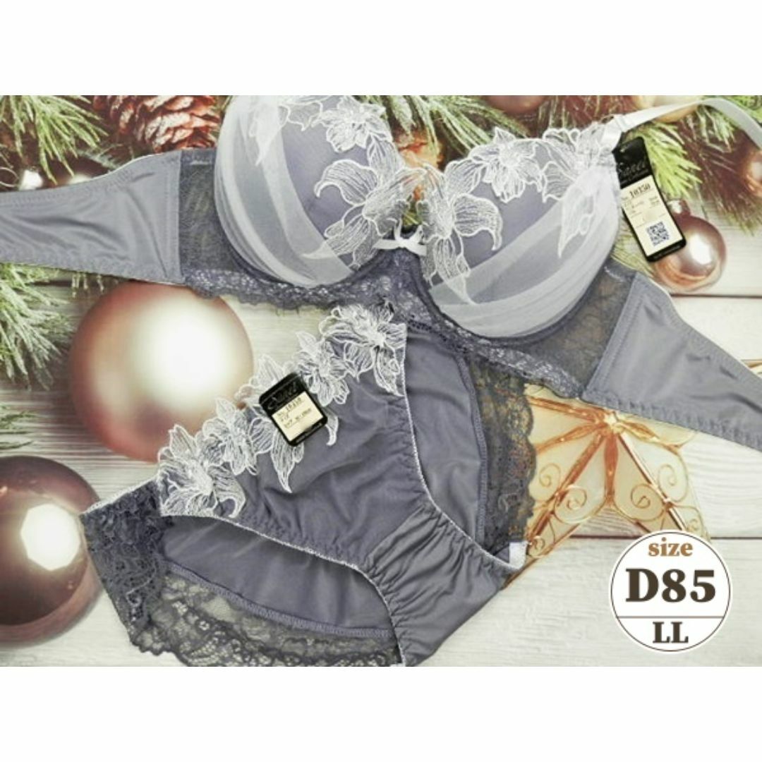c405 D85/LL ブラ＆ショーツセット 下着 灰紫 百合刺繍 ハーフレース レディースの下着/アンダーウェア(ブラ&ショーツセット)の商品写真