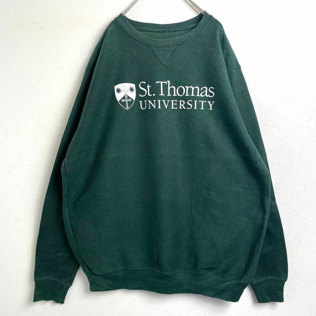 US古着　ユニバーシティプリント　トーマス大学　深緑　スウェットシャツ メンズのトップス(スウェット)の商品写真