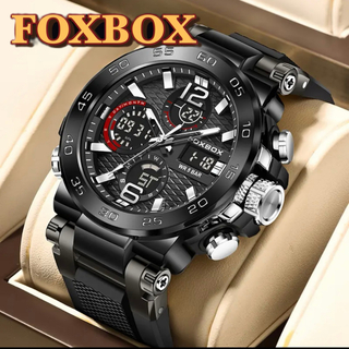 新品 FOXBOX デュアルウォッチ50M防水 メンズ腕時計 ブラック＆シルバー(腕時計(アナログ))