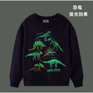 Tシャツ キッズ 長袖 トレーナー 蛍光プリント 子供服 クルーネック 恐竜 (Tシャツ/カットソー)