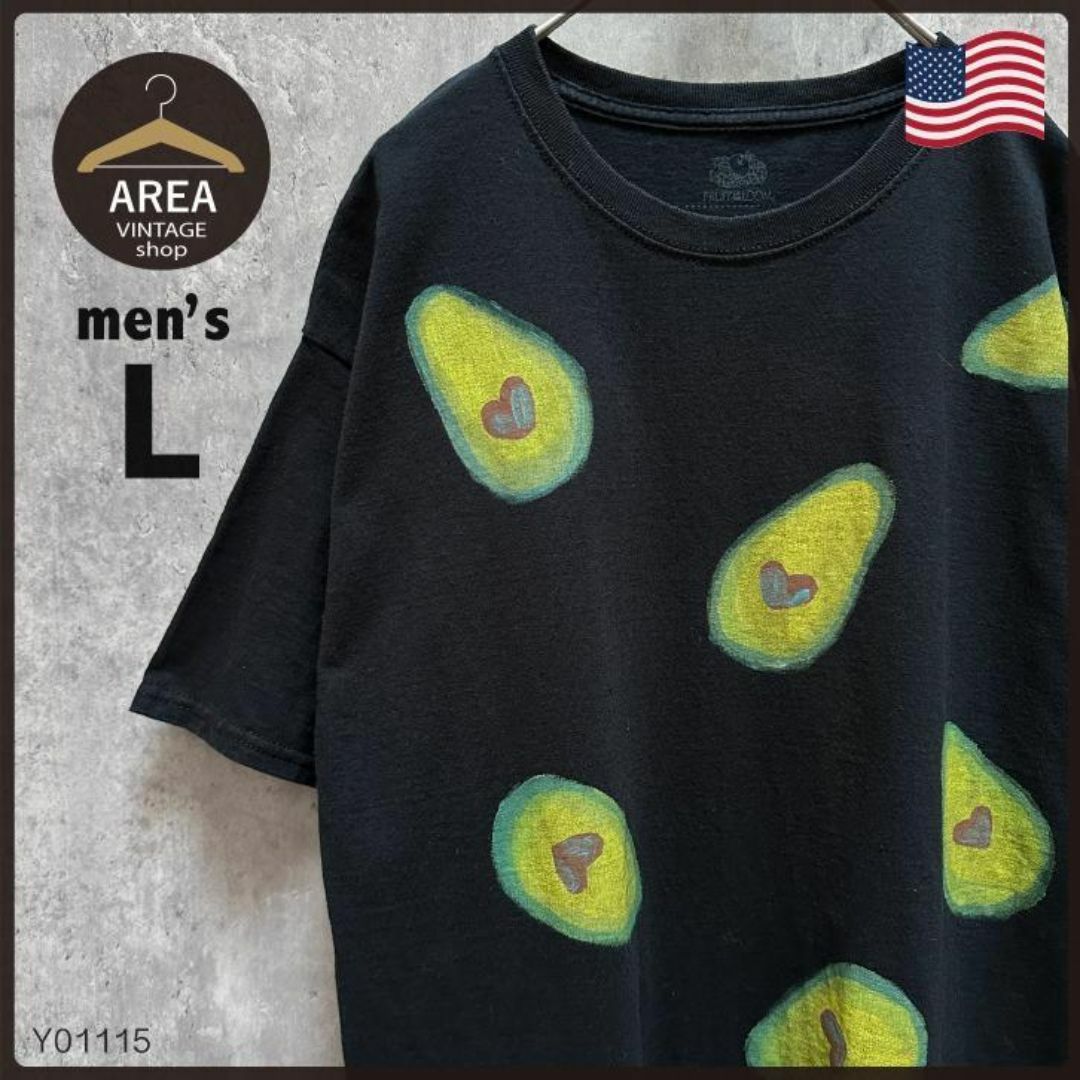 FRUIT OF THE LOOM(フルーツオブザルーム)の古着フルーツオブザルームプリントTシャツ半袖メンズLアメリカブラックアボガド総柄 メンズのトップス(Tシャツ/カットソー(半袖/袖なし))の商品写真
