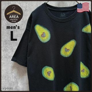 FRUIT OF THE LOOM - 古着フルーツオブザルームプリントTシャツ半袖メンズLアメリカブラックアボガド総柄