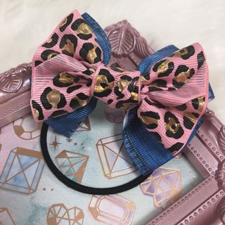 リボン☆ヘアゴム☆ハンドメイド☆90 レオパード ヒョウ柄 アニマル柄 ピンク(ヘアゴム/シュシュ)