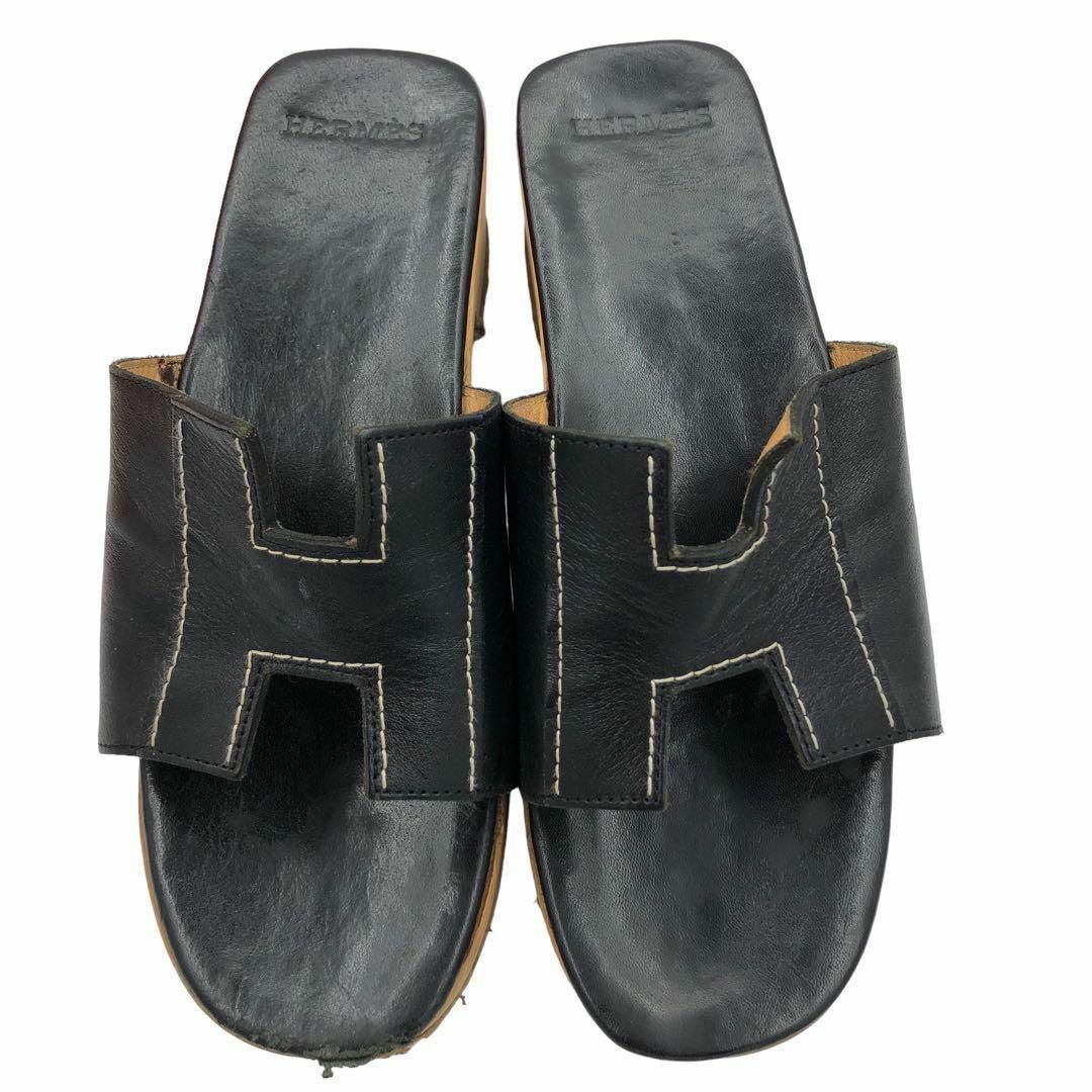 Hermes(エルメス)のエルメス サンダル ケブラール Hロゴ ステッチ レザー ブラック 黒色 レディースの靴/シューズ(サンダル)の商品写真