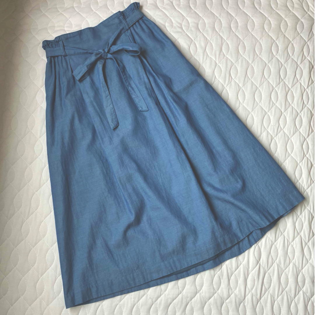 リボン付き フレア スカート　ブルー 日本製 レディースのスカート(ロングスカート)の商品写真
