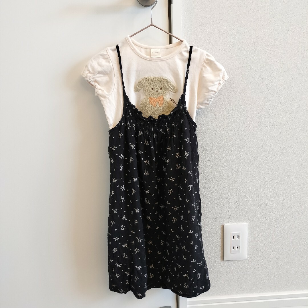 ZARA KIDS(ザラキッズ)のzara 花柄キャミワンピース　＆　フタフタ　犬パフスリーブTシャツ　セット キッズ/ベビー/マタニティのキッズ服女の子用(90cm~)(ワンピース)の商品写真