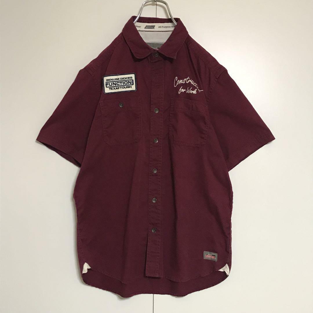 【バックプリント】ディッキーズ　ロゴ入りワークシャツ　半袖　ワインレッドH831 メンズのトップス(シャツ)の商品写真