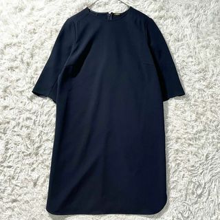 ドゥーズィエムクラス(DEUXIEME CLASSE)の美品♡ ドゥーズィエムクラス トリアセジョーゼットワンピース ひざ丈 七分袖 紺(ひざ丈ワンピース)