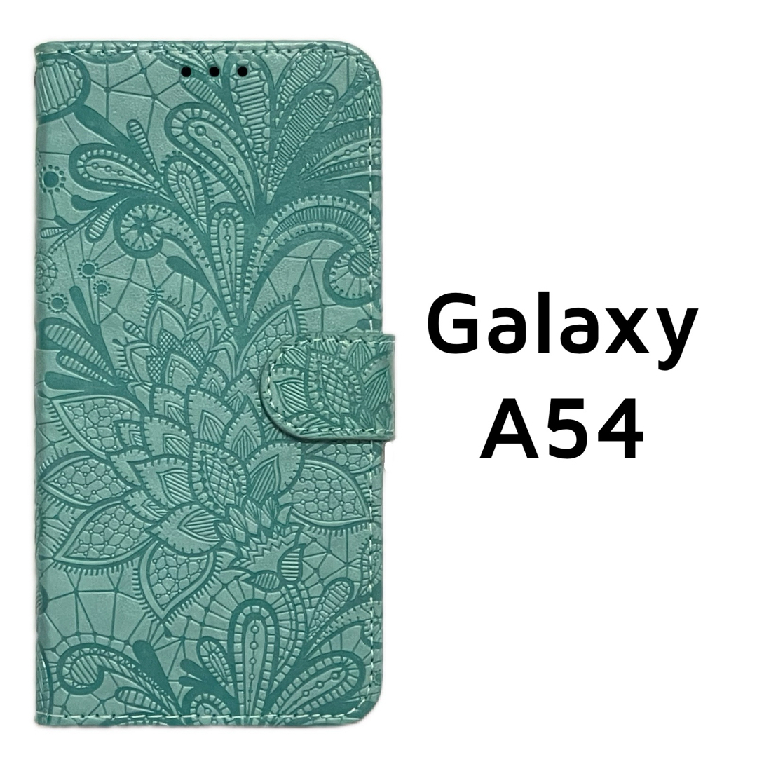 Galaxy A54 5G グリーン エンボス フラワー 手帳 型押し スマホ/家電/カメラのスマホアクセサリー(Androidケース)の商品写真
