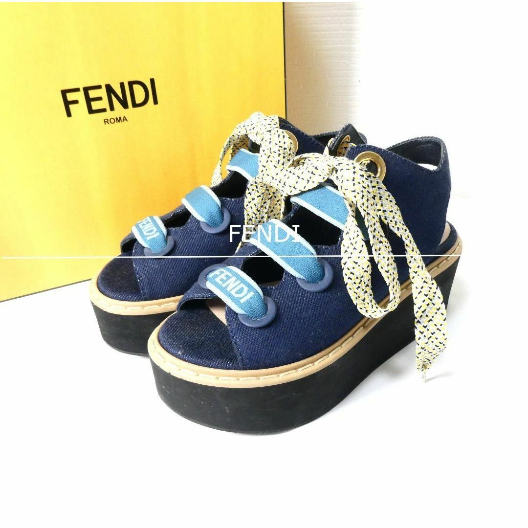 FENDI(フェンディ)の美品 FENDI ロゴ デニム リボン レースアップ 厚底 サンダル レディースの靴/シューズ(サンダル)の商品写真