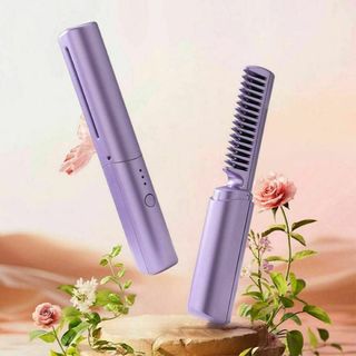 ヘアアイロン ブラシアイロン コードレス コンパクトサイズ USB充電式パープル(ヘアアイロン)