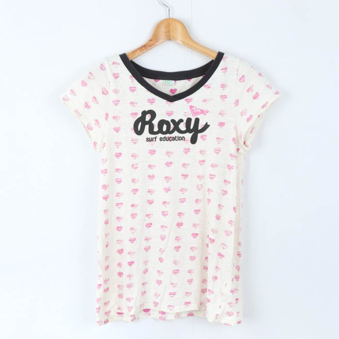 Roxy(ロキシー)のロキシー 半袖Ｔシャツ トップス ロゴT ハート柄 スポーツウエア レディース Mサイズ ベージュ×黒×ピンク ROXY レディースのトップス(Tシャツ(半袖/袖なし))の商品写真